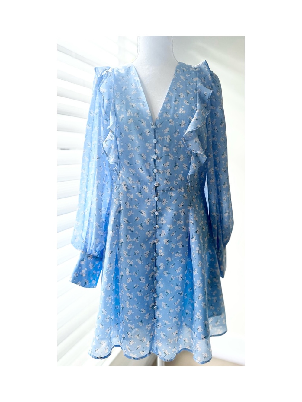 Simons Light Blue Floral V-Neck Dress with Ruffle Details